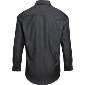 A dark denim button-up shirt with a collared neck and long sleeves, featuring a logo on the back.
