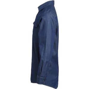 A blue denim button-up shirt with a side view, featuring a casual collar and a chest pocket.