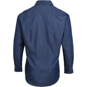 A blue denim shirt with long sleeves and a button-up design, featuring a back yoke and cuffed sleeves.