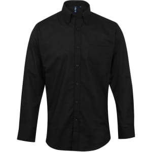 A black button-up shirt with long sleeves and a chest pocket, featuring a collar and a logo.