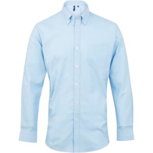 A light blue button-up shirt with a collar and a single chest pocket. It features a logo on the collar.