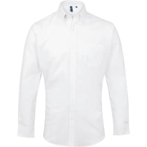 A white button-up shirt with a collar and a pocket, featuring a logo on the chest.