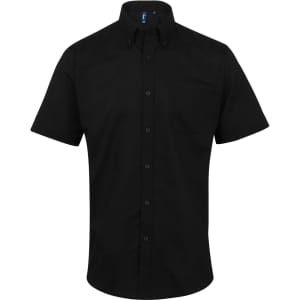 A black button-up shirt with a collar and short sleeves, featuring a logo on the neckline.