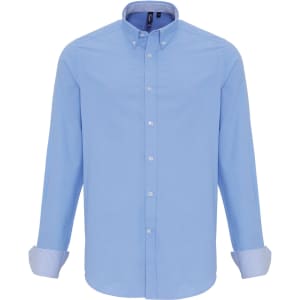 A light blue cotton-rich Oxford stripe shirt with long sleeves, button-up front, and a collar.