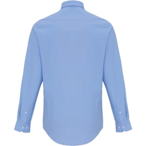 A light blue button-up shirt with long sleeves and a collar, featuring a logo on the back.