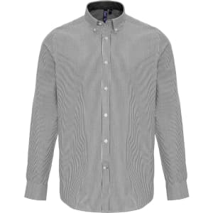 A button-up shirt featuring fine black and white stripes, with a collar and long sleeves. It has a logo on the label.