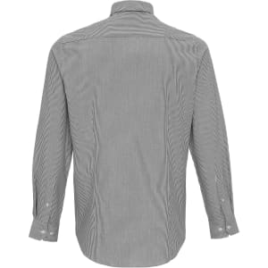 A cotton-rich button-up shirt featuring grey and white stripes, with a back view showing long sleeves and a collar.