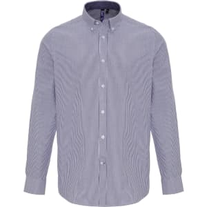 A button-up shirt with cotton-rich fabric, featuring blue and white stripes and a collar. It has a logo on the label.