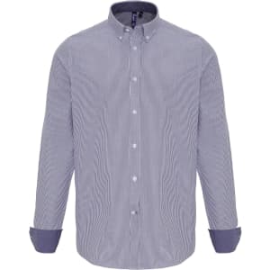 A button-up shirt featuring narrow blue and white stripes, with contrasting cuffs and a collar. It has a logo on the chest.