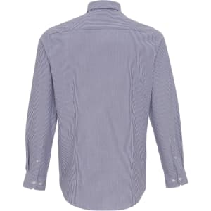 A cotton-rich button-up shirt in light blue and white stripes, featuring a collar and long sleeves.
