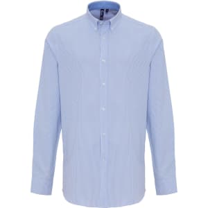A light blue cotton-rich button-up shirt with stripes and long sleeves, featuring a collar and a logo.