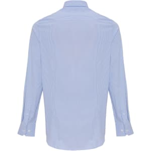 A blue and white striped button-up shirt with long sleeves and a collar, featuring a logo.