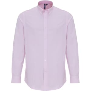 A pink cotton-rich Oxford striped button-up shirt with long sleeves and a collar. It features a logo on the chest.