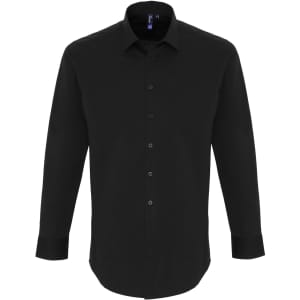 A black Stretch Fit Cotton Poplin long-sleeve button-up shirt with a collar and a logo.