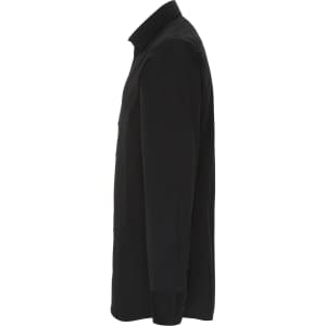 A black Stretch Fit Cotton Poplin long-sleeve shirt displayed from the side, featuring a button-up design and a logo.
