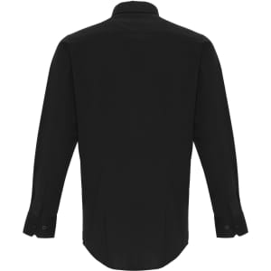 A black button-up shirt with long sleeves and a collar, featuring a logo on the back.