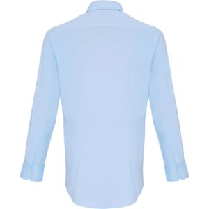 A light blue button-up shirt with long sleeves and a collar, featuring a logo on the back.