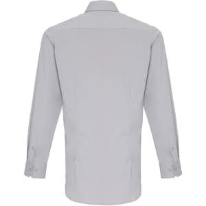 A light grey long-sleeve button-up shirt with a back collar and cuff details, featuring a logo.