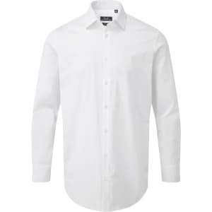 A white button-up shirt featuring long sleeves and a collar, with a logo on the chest.