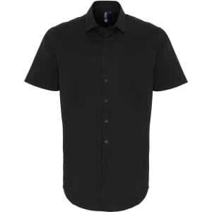 A black short-sleeve button-up shirt with a collar and a logo. Made from stretch fit cotton poplin fabric.