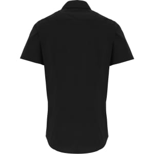 A short-sleeved button-up shirt in black, featuring a back view with a logo present on the fabric.