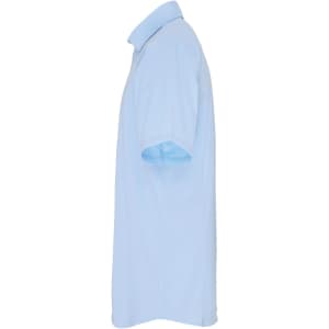 A light blue button-up shirt with a collar and short sleeves, featuring a logo on the chest.