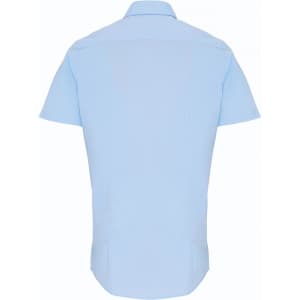 A short-sleeve button-up shirt in light blue, featuring a back view with a smooth finish and a logo.