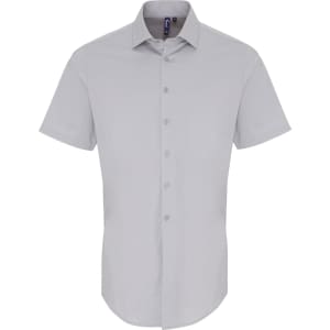 A light grey button-up shirt with short sleeves and a subtle logo on the collar.
