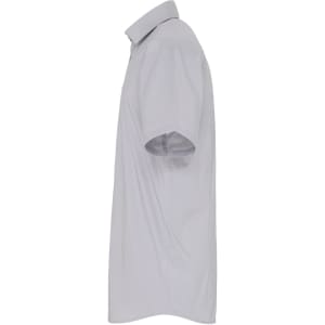 A light grey button-up shirt with short sleeves and a collar, featuring a logo.