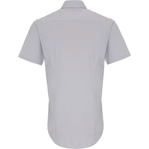 A light grey short-sleeve shirt with a button-up design and a back yoke, featuring a logo.