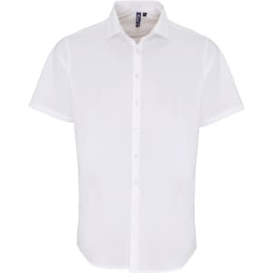 A white short-sleeve button-up shirt featuring a collar and a branded label.