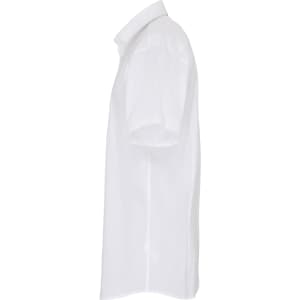A white short-sleeve button-up shirt displayed from the side, featuring a collar and a logo.