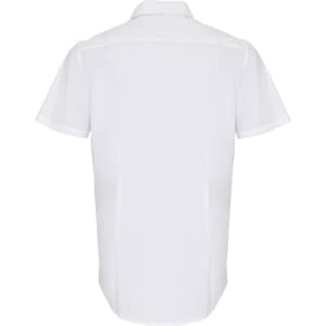 A white short-sleeved button-up shirt with a simple design and a logo on the back.