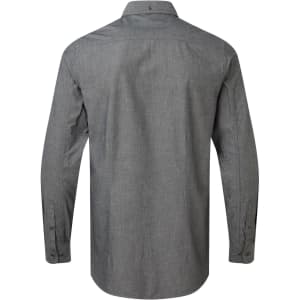 A mens chambray shirt in a grey hue, featuring a button-up design and long sleeves, with a logo on the back.