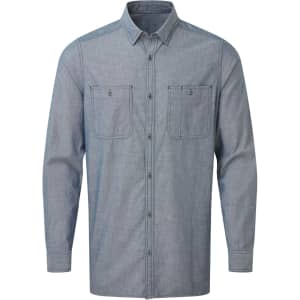 A men's chambray shirt in light blue with long sleeves and two front pockets, featuring a logo.