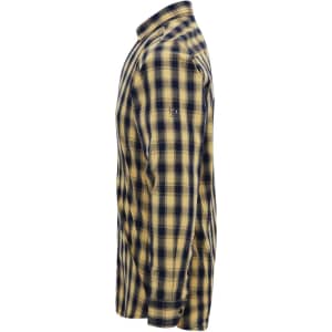A long-sleeved button-up shirt featuring a yellow and navy check pattern, with a logo on the sleeve.