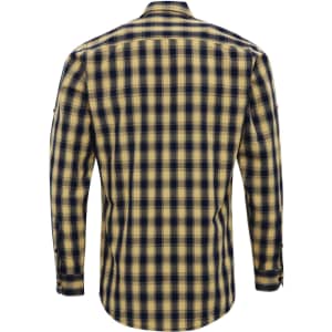 A long-sleeve button-up shirt in a yellow and navy check pattern, featuring a brand logo on the side.