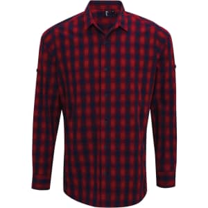A red and navy check cotton long-sleeve button-up shirt with a collar and buttoned cuffs, featuring a logo.
