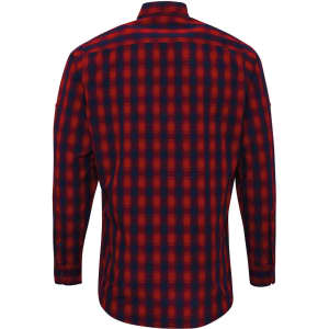 A long-sleeve, button-up shirt in red and navy check pattern, featuring a logo on the back.