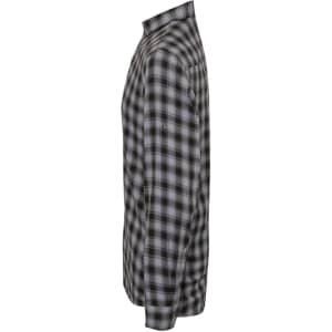 A grey and black checked button-up shirt with long sleeves and a tag on the side.