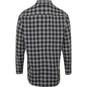 A button-up shirt featuring a black and grey check pattern with long sleeves and a collar. It has a logo on the back.