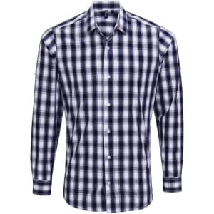 A button-up shirt featuring a navy and white check pattern, with long sleeves and a collar, including a logo.