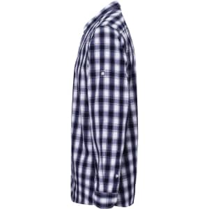 A blue and white check patterned button-up shirt with long sleeves and a logo on the sleeve.