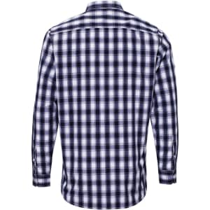 A button-up shirt in navy and white check pattern with long sleeves and a collar, featuring a logo.