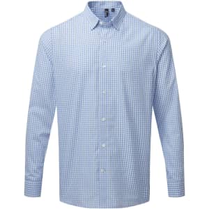 A button-up shirt with a blue and white check pattern, featuring a collar and long sleeves. It has a logo.