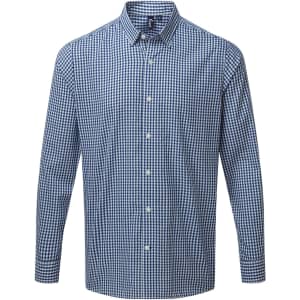 A button-up shirt in blue and white check pattern, featuring long sleeves and a collar. It has a logo on the chest.