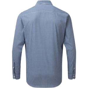 A button-up shirt in a navy and white check pattern, featuring long sleeves and a collar, with a logo.