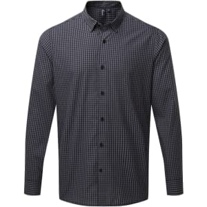 A button-up shirt in a black and grey checked pattern, featuring a collar and long sleeves. It has a logo.
