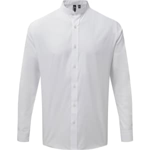 A white banded collar long-sleeve button-up shirt featuring a logo on the upper left.