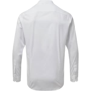 A white button-up shirt with a banded collar, viewed from the back. It features long sleeves and a simple design.